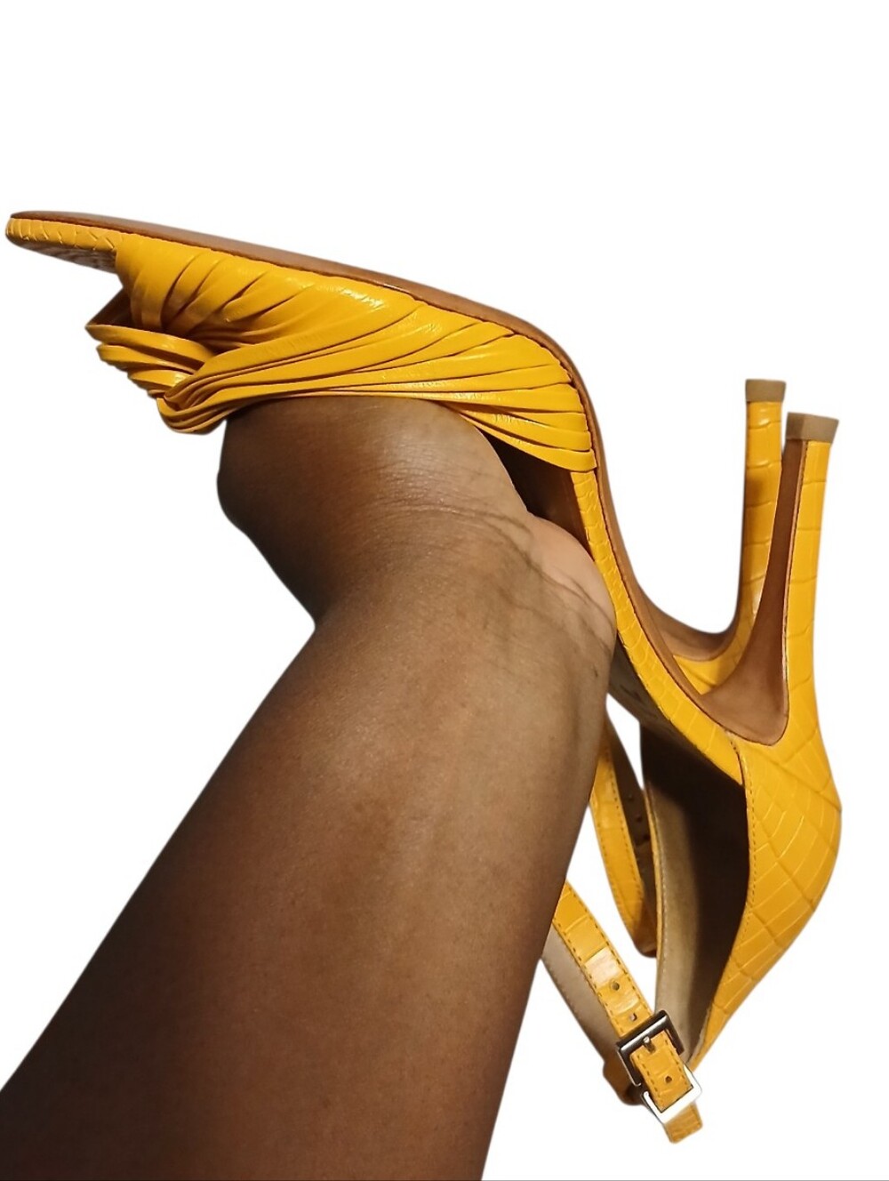 Schutz | Mary Gold Leather Croc Embossed Strappy Peeptoe Heeled Sandals Size 10 - Picture 9 of 13